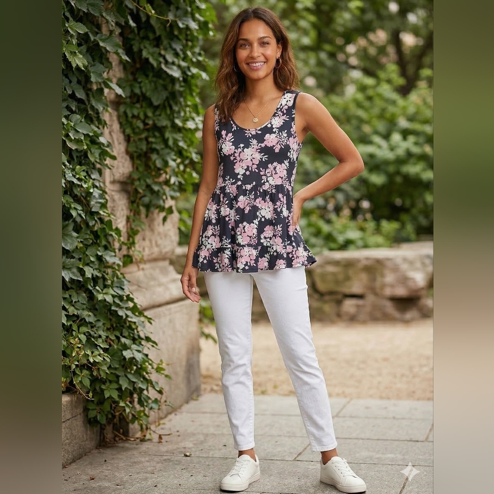 Floral Scoop Neck Peplum Tank Top - Black with Pink Blossoms